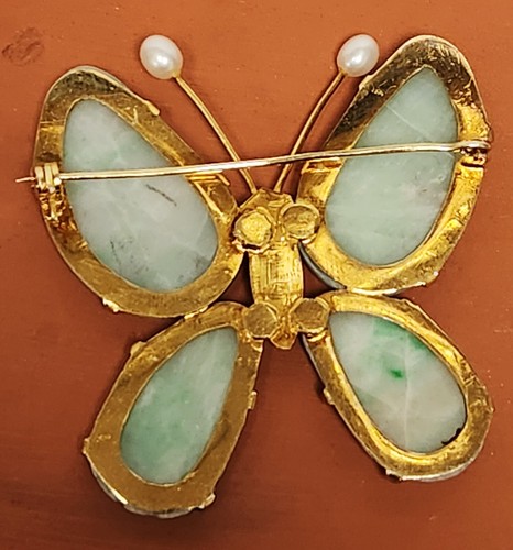Chinese Export Carved Jade Enamel Pearl Gilt Sterling Silver Butterfly Brooch 2" - Picture 8 of 9