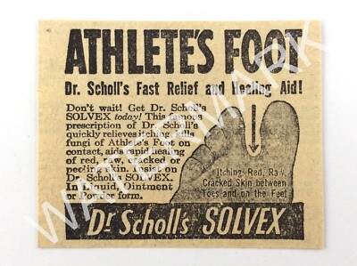 1949 Dr Scholls Solvex Athletes Foot Relief Small Black & White Print Ad 003A