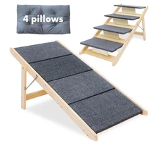 Folding Wooden Dog & Cat Stairs - Steps - Ramp w/ Cusions for Bed or Car