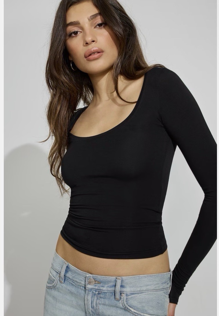 Garage Black Solid Square Neck Long Sleeve Pullover Top Womens Size XXS