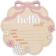Hello World Wooden Baby Birth Announcement Sign with Pink Bow, Cloud Shape Flora