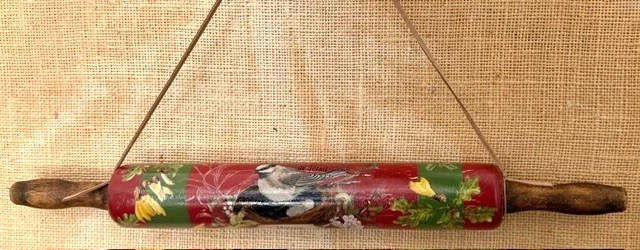 OOAK! VINTAGE ROLLING PIN BIRD ON A NEST NATURE THEME WALL DECOR W/ LEATHER CORD