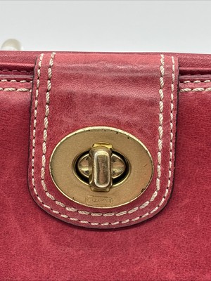Coach Red Leather Turn Lock Credit Card Bifold Long Wallet. READ