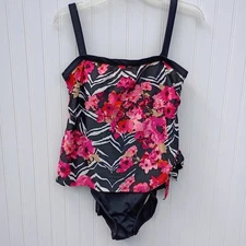 Maxine of Hollywood Swimsuit Womens 14 Blousy Black Pink Floral One Piece L