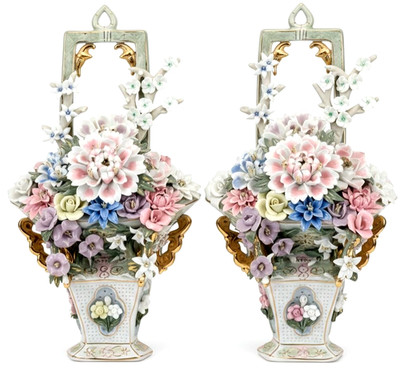 Capodimonte Dresden Style 15'' Vintage Porcelain Wall Flower Baskets Sculptures