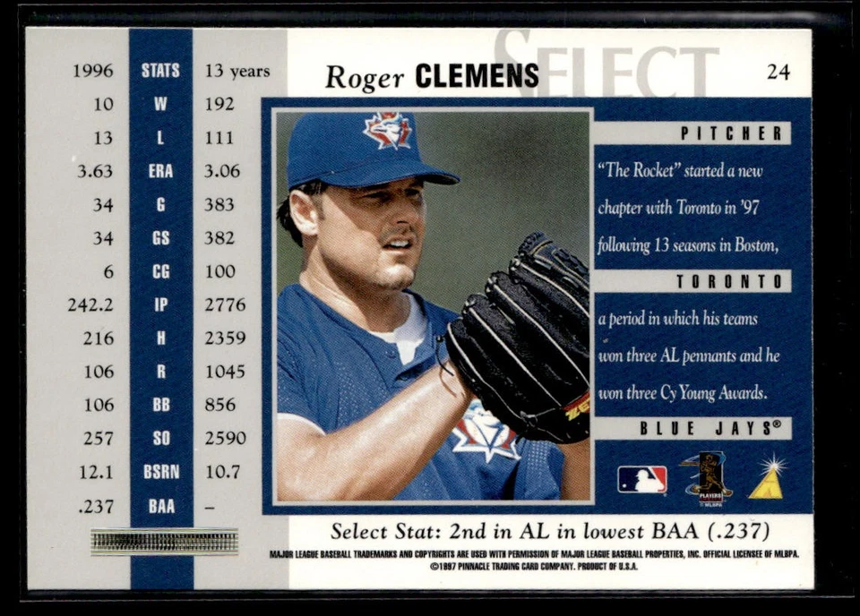 1997 Select Roger Clemens #24 - Image 2 of 2