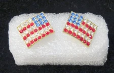 American Flag Fashion Pierced Earrings Red White Blue Rhinestone 1.5" July 4th 