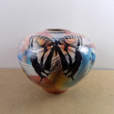 1989 Hubert Burgess Art Pottery Vase Airbrushed Butterfly Dogs Cats 8''x9'' VGC