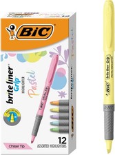 BIC Brite Liner Grip Pastel Highlighters, Chisel Tip, 12-Count Assorted Colors