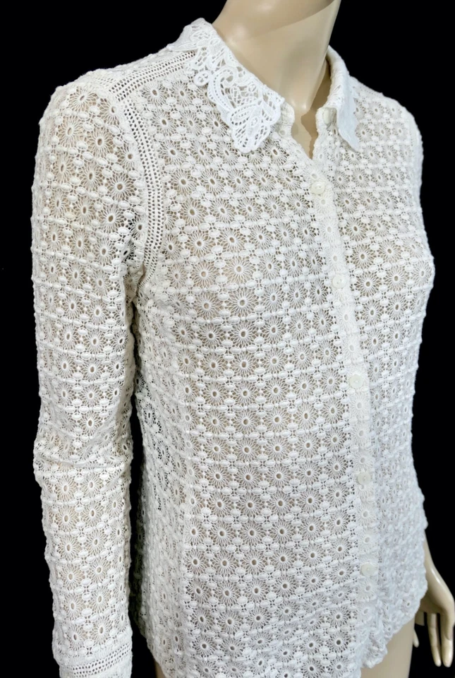 Rbecca Taylor Creamy White Crochet Lace Cotton Silk Top Shirt Blouse Sz 6 - Image 3 of 4