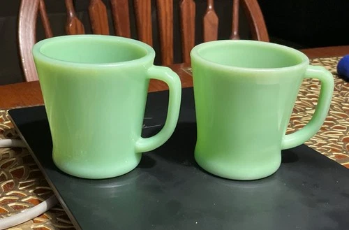 2 Vtg Jadeite Green Fire King Oven Ware Mug D Handle Coffee Cup