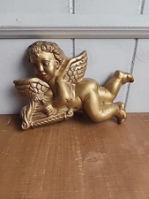 Vintage Angel Cherub Harp Playing Wall Hanging Decor Foam Accent Gold Color