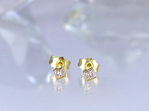 Pendientes 585/- Oro amarillo brillante 2 diamantes juntos 0,12 ct. W/VSi NUEVO - Imagen 2 de 10