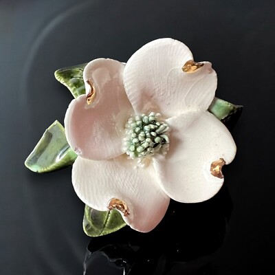 Dogwood Flower Brooch Hand-Painted Porcelain Gold Accents Botanical Vintage  NOS
