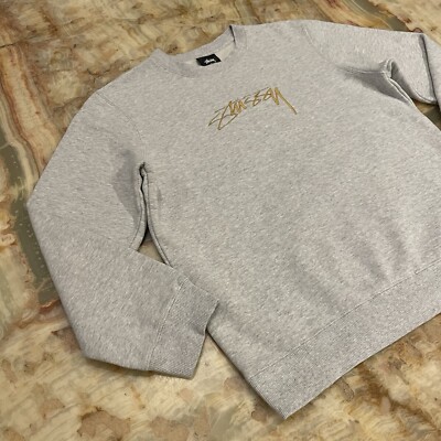 Mens Stussy Heather Gray / Gold Embroidered Crewneck Sweatshirt Sz