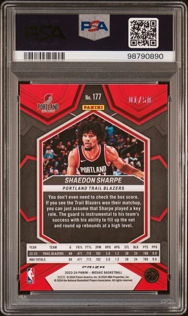 2023 Mosaic #177 Shaedon Sharpe Purple Fast Break 1/50 First Print PSA 9 Blazers - Image 2 of 2