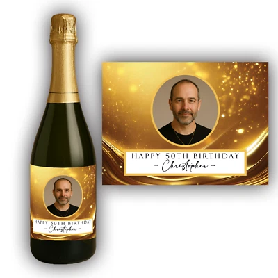 Personalised Champagne Prosecco Bottle label with photo - Birthday gift - Gold