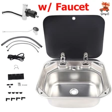 RV Caravan Camper Sink Stainless Steel Hand Wash Basin & Glass Lid & Faucet