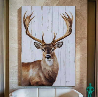 XXL LEINWAND BILD ER BIS 170x110x5 HIRSCH AUF HOLZ VINTAGE WANDBILD TIERE MODERN