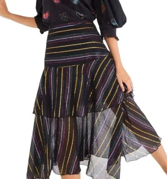 Farm Rio Women's Boho Multicolor Lurex Striped Tiered Cotton Midi Skirt Size S