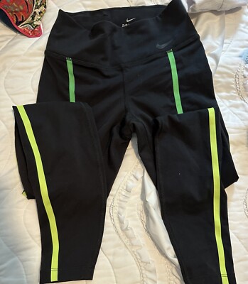 Nike Dri-FIT Womens XS Black Neon Green Stripe Performance Running Leggings