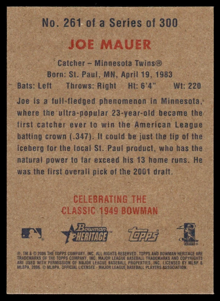 2006 Bowman Heritage Joe Mauer Minnesota Twins #261 - Image 2 of 2