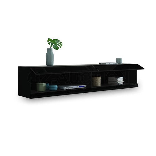 200cm Wall Mount TV Stand Cabinet Floating Wooden Unit 2 Doors Shelf Gloss Black - Picture 5 of 9