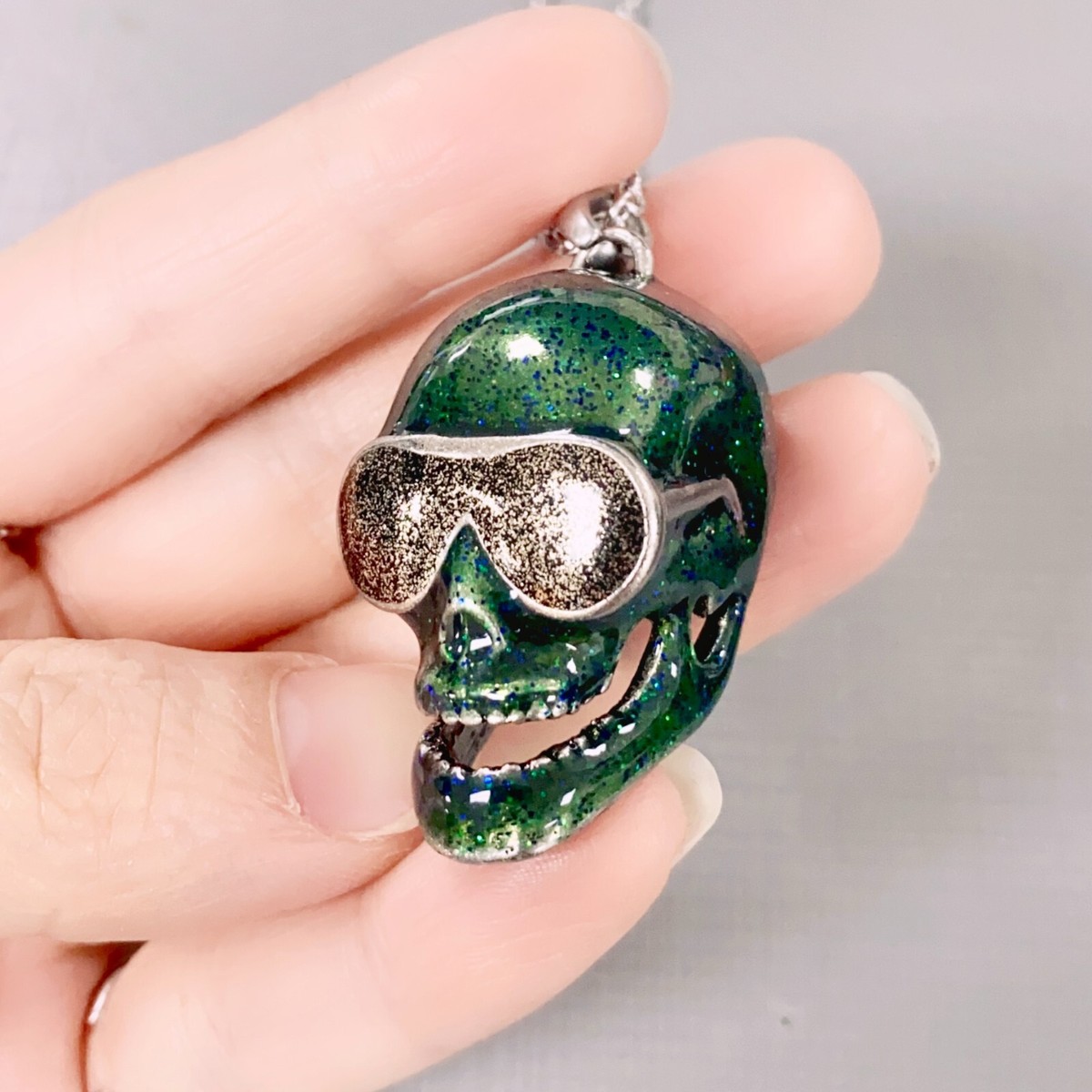 Skull Necklace Sparkle Green Epoxy Punk Gothic Stainless Steel