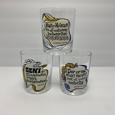 Vtg France Reims Rocks Glasses | Norweigan Quotes Heine Edison Wilde | Set of 3