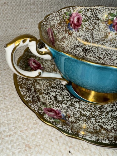Vintage PARAGON Footed Tea Cup Saucer TURQUOISE Gold CHINTZ Pink ROSES Dbl Warre - Picture 14 of 16