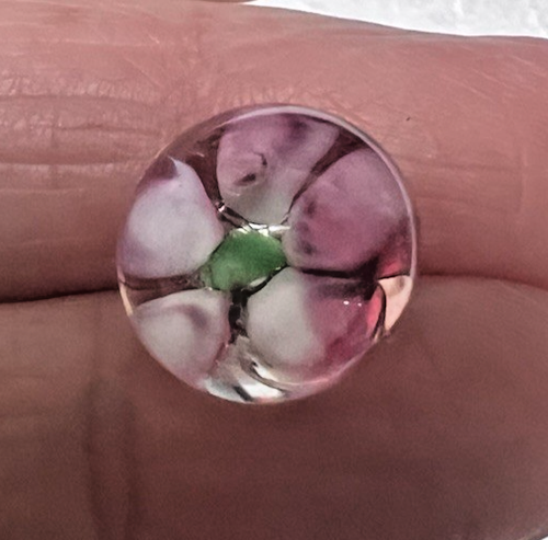 Antique Round Glass Paperweight Button Pink White Flower 9/16th Inch - Picture 4 of 4