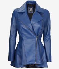 Women's Stylish Biker Moto Slim Fit Real Blue Sheepskin Peplum Leather Jacket