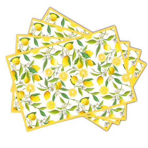 Lemon Placemats Set of 4 Yello Summer Fruit and Flowers Non Slip Heat-Resista...
