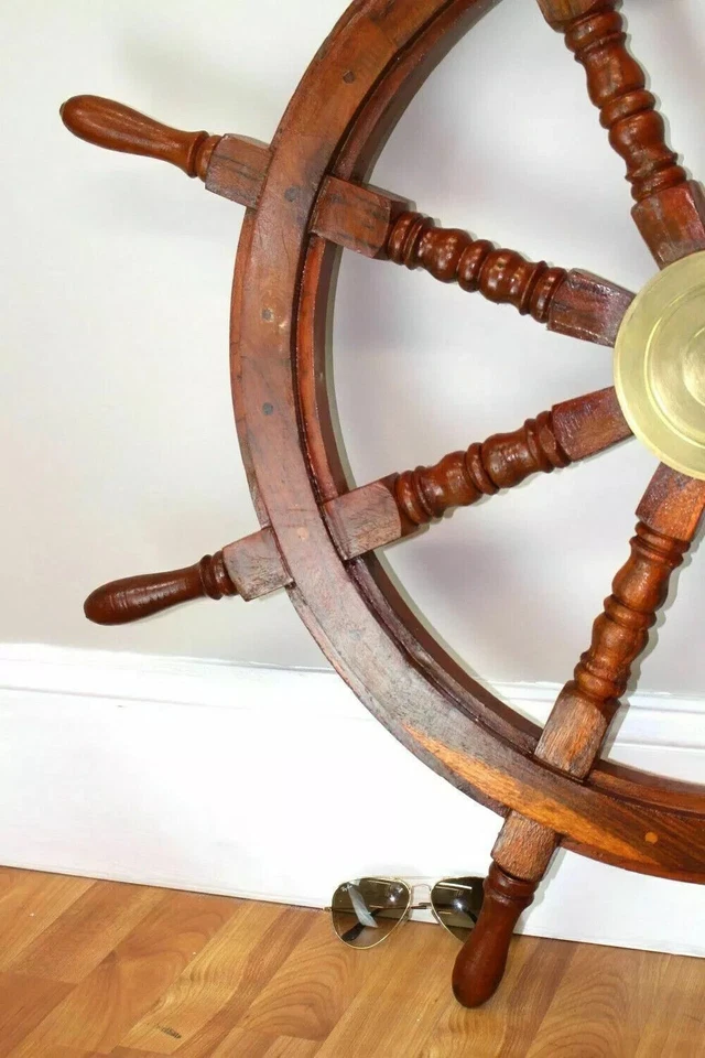 36 Inch Big Ship Steering Wheel Wooden Antique Teak Brass Nautical Pirate Ship's - Image 2 of 4