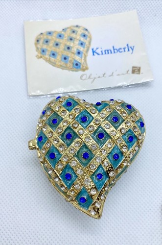 Objet D’ Art Kimberly Gold Tone Heart Blue Rhinestone Trinket Pill Box Keepsake