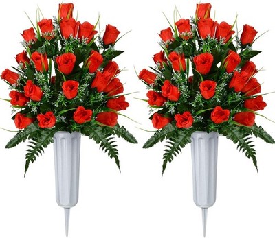 Artificial Cemetery Flowers, Grave Decorations Roses, Memorial Flowers Bouquet w