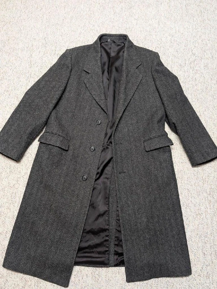 vintage USA made TWEED donegal wool OVERCOAT herringbone 44 charcoal gray L - Image 3 of 4