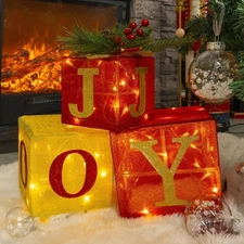 Hourleey Set 3 Christmas Lighted Gift Boxes 60 LED Light Up Joy Holiday New