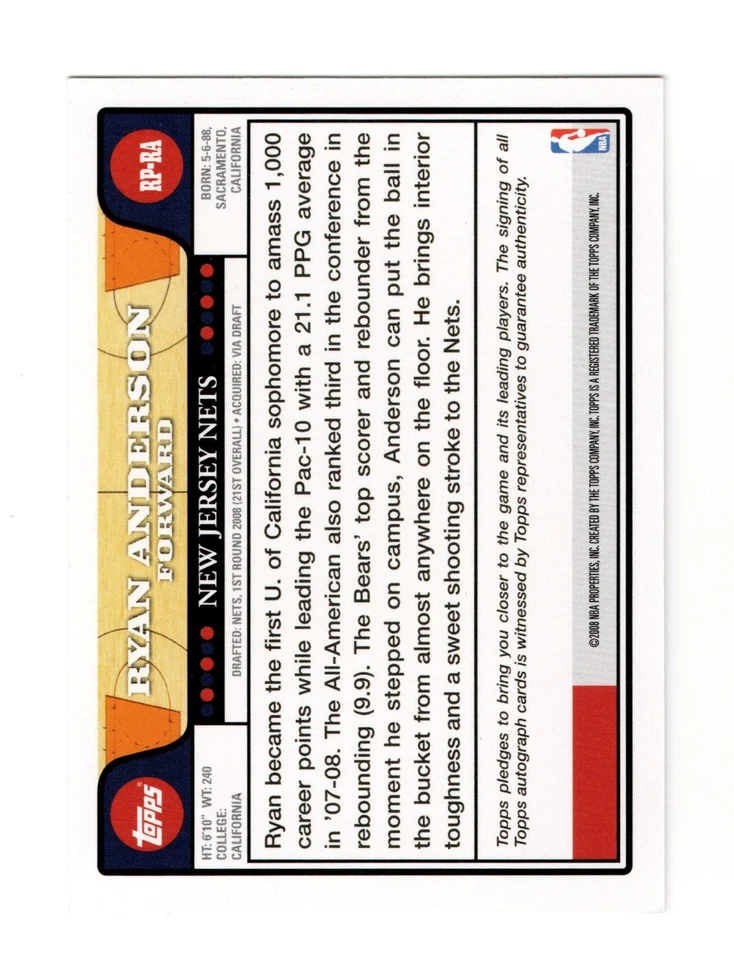 2008-09 Topps Chrome - Ryan Anderson novato automático. RP-RA. Redes de Nova Jersey - Imagem 2 de 2