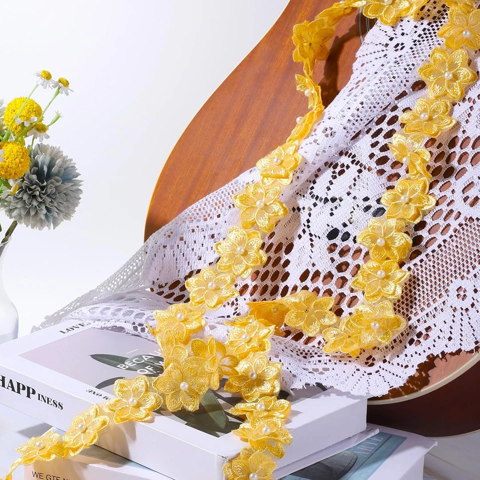 Cinta de encaje de flores amarillas 3D de 2 yardas, adornos de borde de encaje de flores de organza R Foto 4 de 4