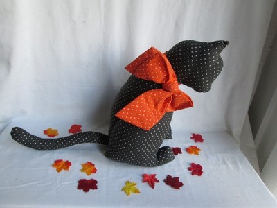Vintage Handmade Halloween Black Cat w/ Orange Bow Shelf Sitter, Soft Sculpture