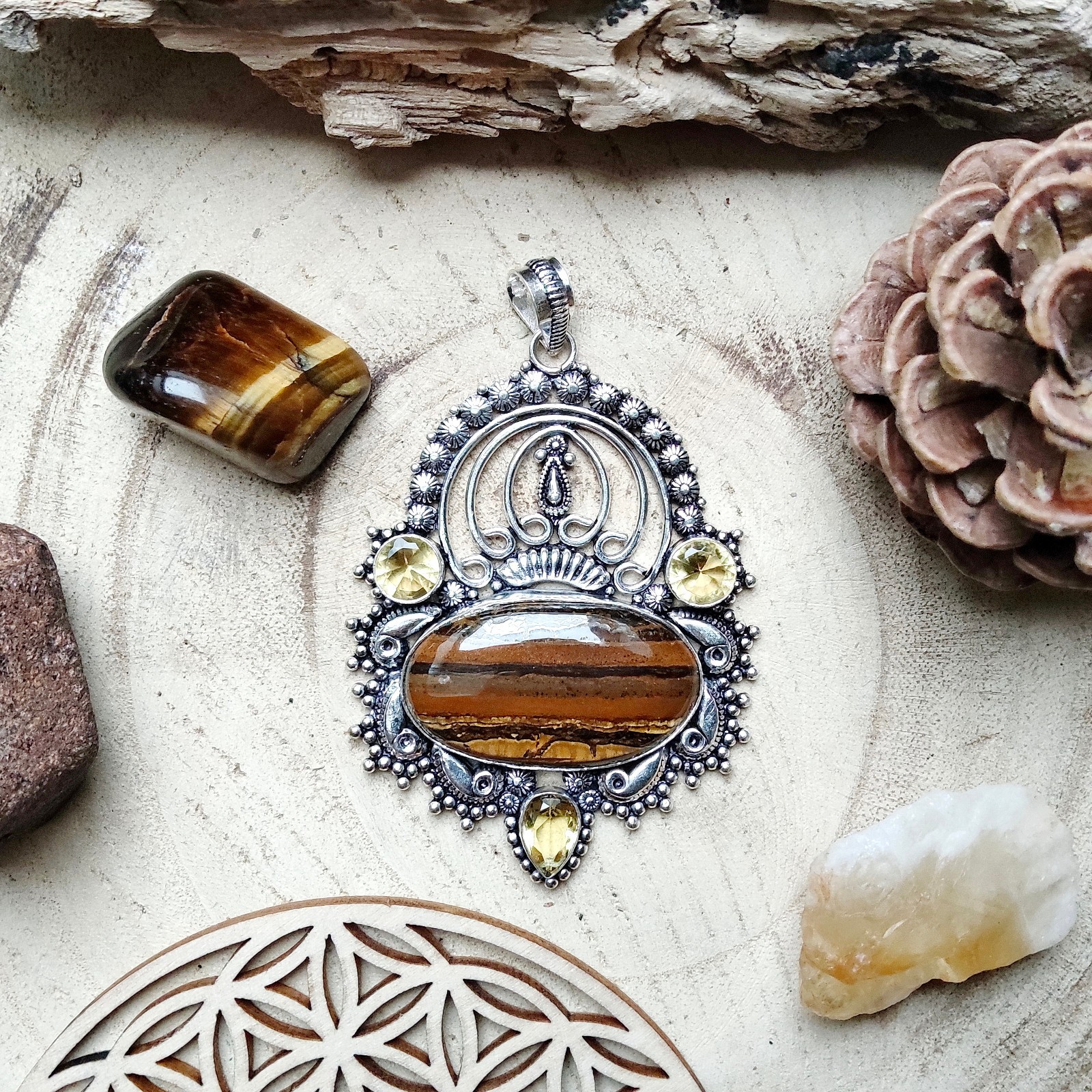 Pendentif œil de tigre et citrine en argent 925 massif avec chaîne raffinée