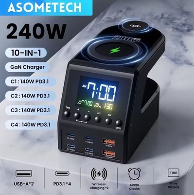 ASOMETECH 240W GaN Charger Station 4×140W PD3.1 USB Type C Wireless Fast Charger