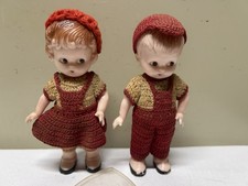 Vtg KNICKERBOCKER Celluloid Girl  Boy w Matching Crocheted Outfits