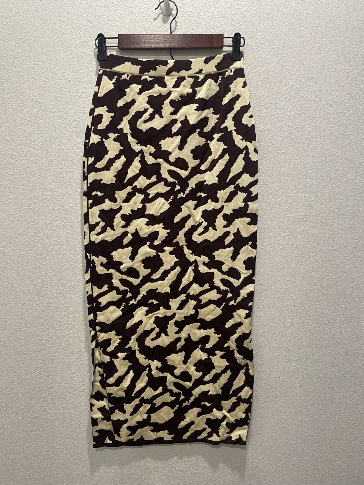 Nanushka Women's Brown Jenny Bodycon Midi Skirt Size S Animal Print Double Slit