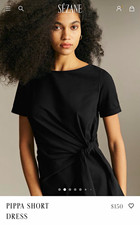 Sézane Pippa Black Tie Shift Dress Women’s L Boat Neck Short Sleeve Short Solid