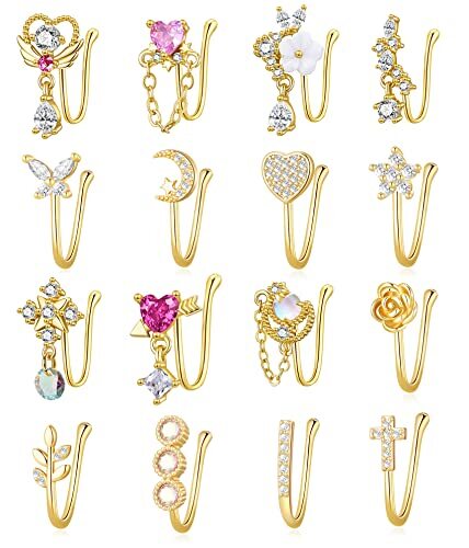 16Pcs Fake Nose Ring for Women African Nose Cuffs Faux Clip on #1-Gold Tone