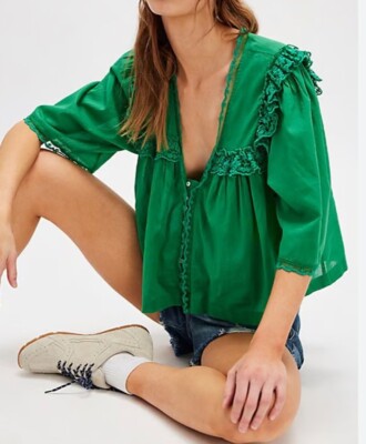 Free People Luna Crop Tee lagen look boho ruffle green jolly rancher z xS