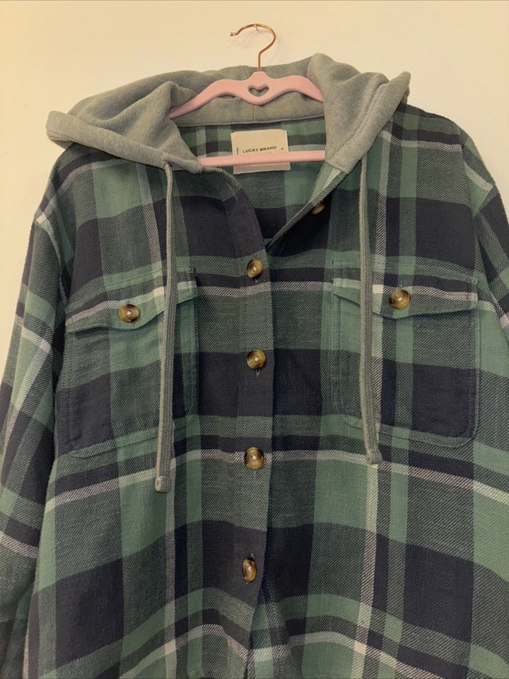Sudadera con capucha recortada a cuadros Lucky Brand para mujer talla mediana verde azul blanco boho hippie Foto 4 de 4