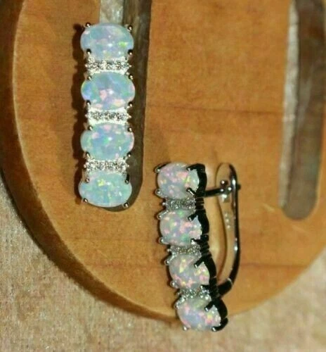 3.5Ct Oval Cut Fire Opal & Diamond Hoop Women's Earring's 14K White Gold Plated - Image 2 of 4